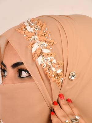 Beige party wear hijab scarf with handwork naqab 2