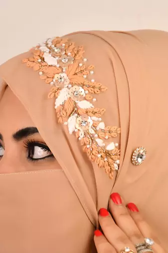Beige party wear hijab scarf with handwork naqab