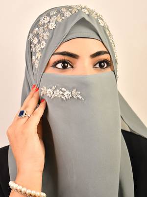 Grey luxury bridal wedding wear hijab scarf   with handwork naqab 3