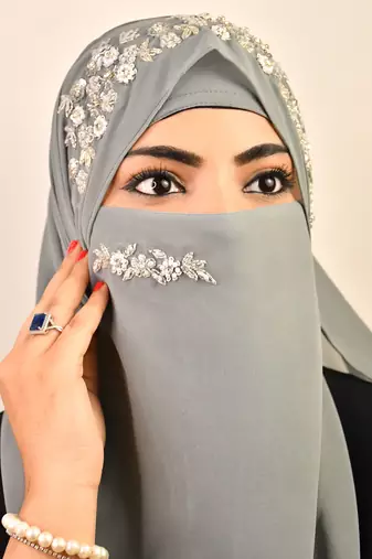 Grey luxury bridal wedding wear hijab scarf   with handwork naqab