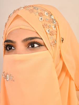 Peach luxury bridal wedding wear hijab scarf   with handwork naqab 4