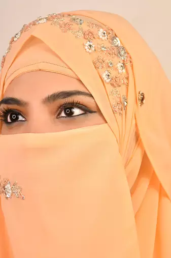Peach luxury bridal wedding wear hijab scarf   with handwork naqab
