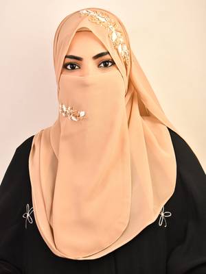 Beige party wear hijab scarf with handwork naqab 3