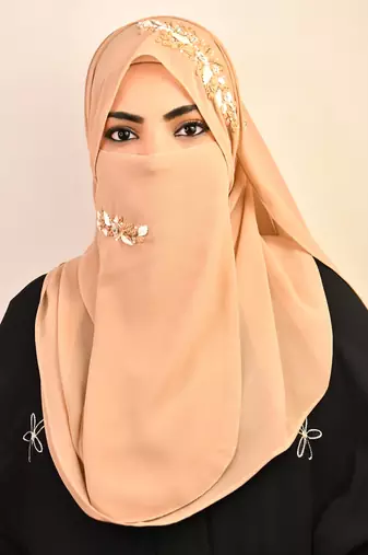 Beige party wear hijab scarf with handwork naqab