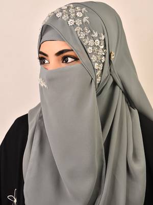 Grey luxury bridal wedding wear hijab scarf   with handwork naqab 4