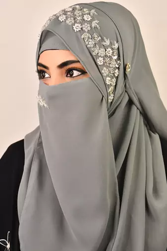 Grey luxury bridal wedding wear hijab scarf   with handwork naqab