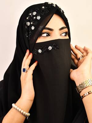Black luxury bridal wedding wear hijab scarf   with handwork naqab 2