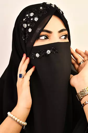 Black luxury bridal wedding wear hijab scarf   with handwork naqab