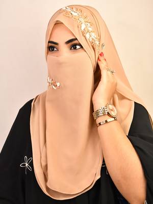 Beige party wear hijab scarf with handwork naqab 4