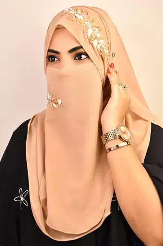 Beige party wear hijab scarf with handwork naqab