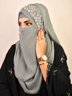 Grey luxury bridal wedding wear hijab scarf   with handwork naqab 5