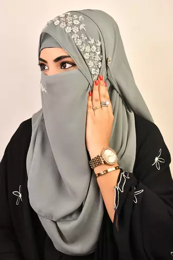 Grey luxury bridal wedding wear hijab scarf   with handwork naqab