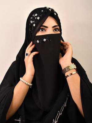 Black luxury bridal wedding wear hijab scarf   with handwork naqab 3