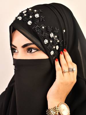Black luxury bridal wedding wear hijab scarf   with handwork naqab 4