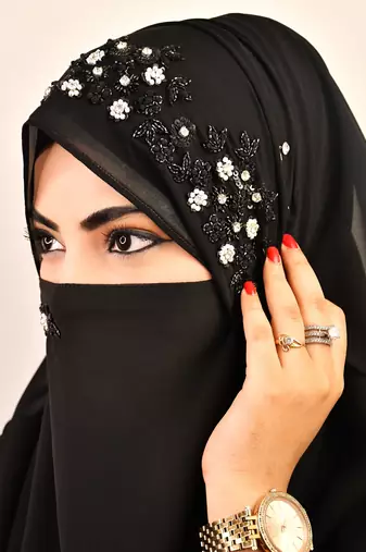 Black luxury bridal wedding wear hijab scarf   with handwork naqab