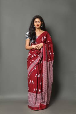 Mehroon cotton mulmul printed saree with blouse piece 1