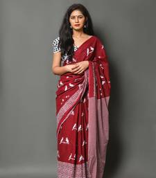 Mehroon cotton mulmul printed saree with blouse piece