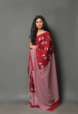 Mehroon cotton mulmul printed saree with blouse piece 3