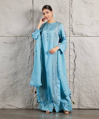 Blue satin organza kurta set 1