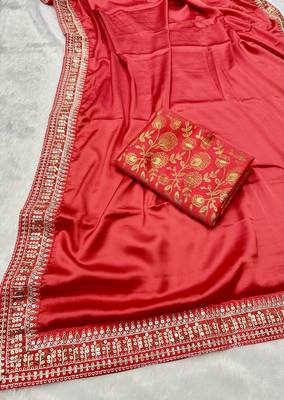 Red Colour Japan Satin Silk Blend Saree 3