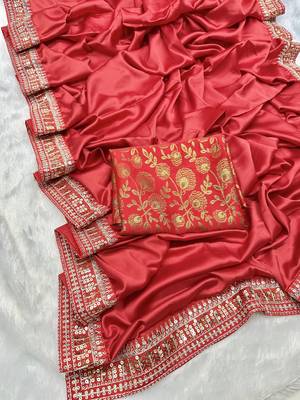 Red Colour Japan Satin Silk Blend Saree 4