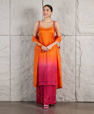 Orange pink satin organza kurta set 1