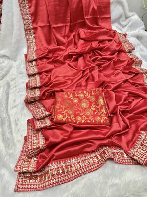 Red Colour Japan Satin Silk Blend Saree 5