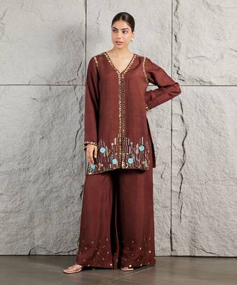 Brown raw silk kurta set 1