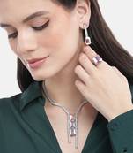rhodium plated white color crystal ad gemstone-studded jewelry set with adjustable ring & earrings