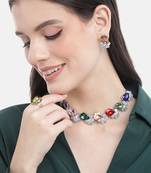 rhodium plated multi color crystal ad gemstone-studded jewelry set with adjustable ring & earrings