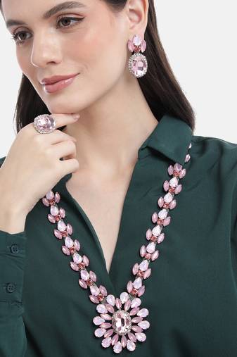 rhodium plated pink color crystal ad gemstone-studded jewelry set with adjustable ring & earrings