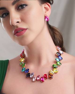 18 k gold plated dark multi color crystal ad gemstone-studded jewelry set 1