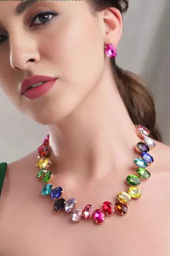 18 k gold plated dark multi color crystal ad gemstone-studded jewelry set