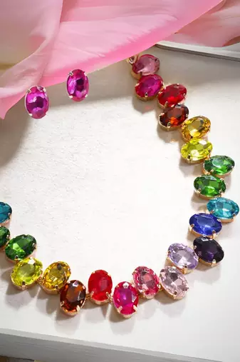 18 k gold plated dark multi color crystal ad gemstone-studded jewelry set