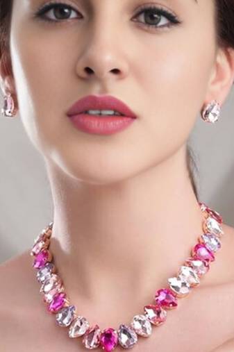 18 k gold plated pink& purple color crystal ad gemstone-studded jewelry set