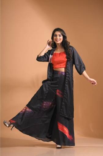 Multicolour  pinted plazo set with long jacket