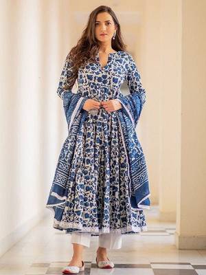 Blue - white comfortable cotton anarkali set with floral print for everyday wear 3