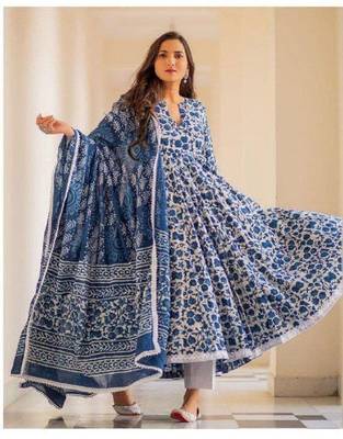 Blue - white comfortable cotton anarkali set with floral print for everyday wear 4