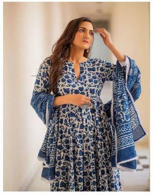 Blue - white comfortable cotton anarkali set with floral print for everyday wear 5