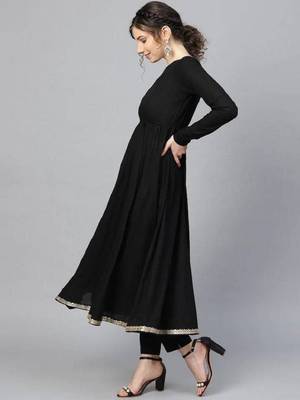 Black comfortable rayon anarkali set with printed dupatta for everyday wear 2