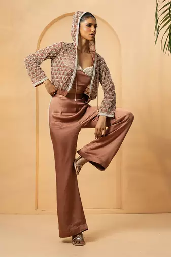 Mettalic rose gold modal satin and net co-ord set