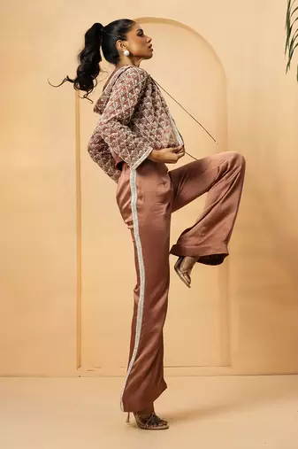 Mettalic rose gold modal satin and net co-ord set