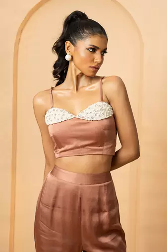 Mettalic rose gold modal satin and net co-ord set