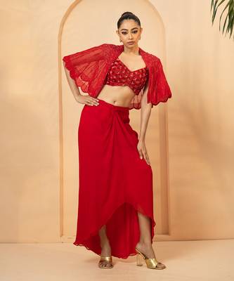 Red georgette and net co-ord set 1