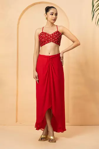Red georgette and net co-ord set