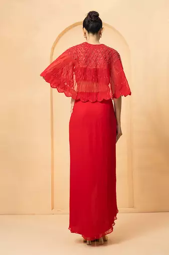 Red georgette and net co-ord set
