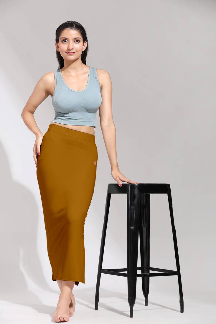 Brown Solid Nylon Soft Petticoat Skirt Saree Shape Wear for Women