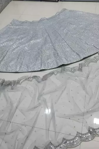 Steel Grey Banglori Silk Zari Sequins and thread embroidered with paper mirror work indian designer lehenga dress