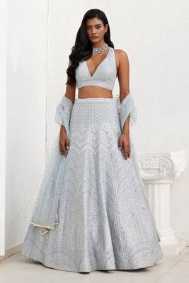 Steel Grey Banglori Silk Zari, Sequins, and thread embroidered with paper mirror work indian designer lehenga dress 11
