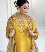 Women's Chanderi Viscose Embroidered Straight Kurta with Pant And Printed Dupatta Set